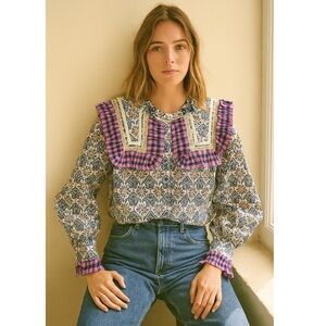 Andino Women's Patterned Blouse - Purple and Blue print statement collar OS